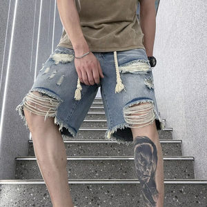 Pantalones cortos de diseñador para hombre, pantalones cortos de mezclilla rasgados, cintura alta, ajuste holgado, dobladillo crudo deshilachado, estilo de calle de moda - Product Image 6