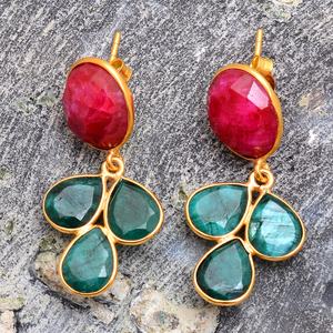 Gema de Rubí Teñida en Verde Esmeralda, Estilo Vintage, Teñida Naturalmente, Chapada en Oro, Plata de Ley 925 Maciza, Regalo de Boda, Moda - Product Image 2