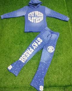 Nuevo invierno sol se desvanece desgastado bordado Flare pantalón trajes de algodón Rhinestone crudo dobladillo Unisex personalizado ropa de calle trajes de sudor - Product Image 1