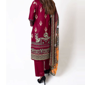 Traje de lino sin costuras de 3 piezas estampado Color granate Vestido informal de encaje hasta el suelo para mujer Nueva colección de moda - Product Image 3