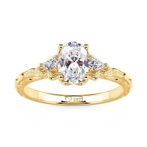 Anillo de Compromiso Jeulia Ovalado con Tres Diamantes en Platino con Acabado en Rodio - Product Image 1