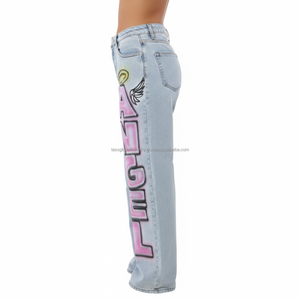 Pantalones Vaqueros de Moda Urbana Y2K para Mujer - Pantalones de Mezclilla de Pierna Recta con Estampado de Ángel Rosa - Product Image 3