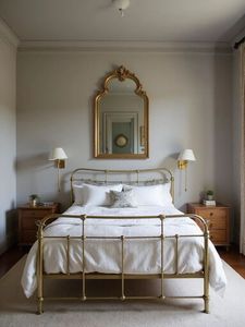 Estructura de cama minimalista de latón con líneas limpias para un dormitorio moderno con base de metal robusta y un brillo suave. - Product Image 2