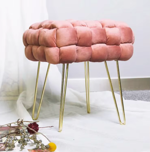 Velvet tufted seat metal and velvet ottoman pouf <b>anchors</b> the space with intriguing contrast of cold structure and plush comfort - Product Image 2