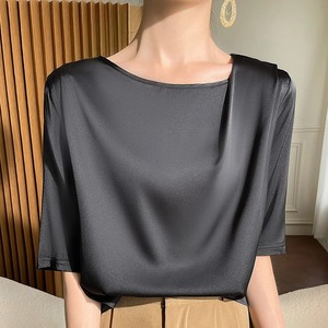 T-shirt décontracté uni à manches courtes et col en V pour femme, en coton 100 % respirant, tissu dobby, 220 g, tricoté, coupe régulière, printemps-été - Product Image 3