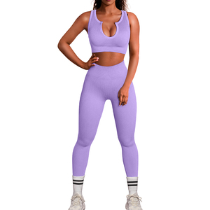 Venta al por mayor de conjuntos de ropa de Yoga para mujer sin costuras de poliéster Spandex transpirable Yoga 2 piezas conjunto de tamaño personalizado gimnasio Fitness conjuntos para adultos - Product Image 3