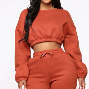 Elegante chándal recortado naranja óxido para mujer, chándal de dos piezas de cintura alta, sudadera de manga larga, transpirable, con capucha, informal - Product Image 6