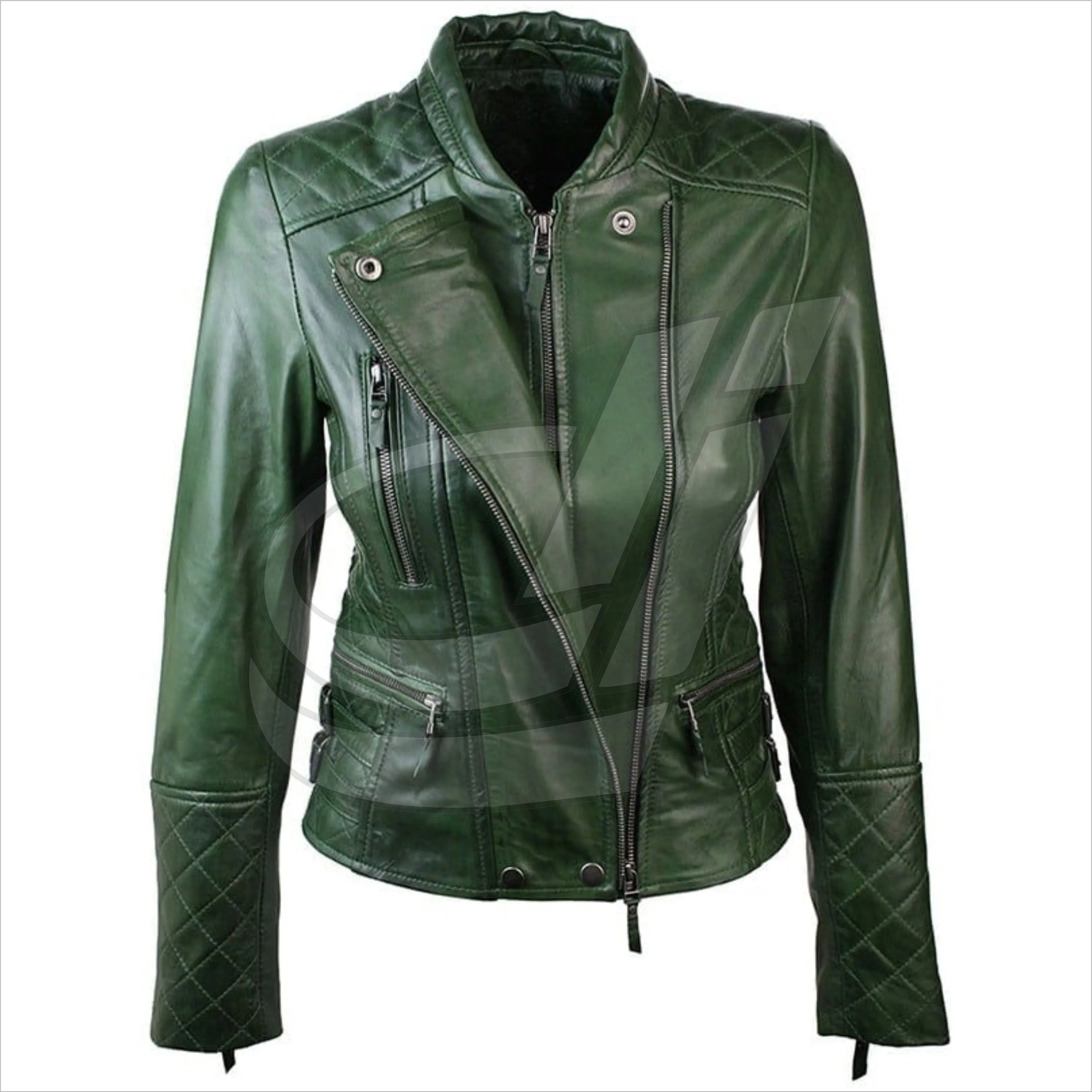 Jaqueta feminina slim fit de couro acolchoado, casaco verde motociclista