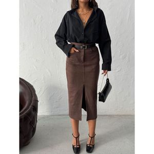 Jupe élégante taille haute en suède café 100 % polyester, collection automne Topshow, vente en gros - Product Image 3