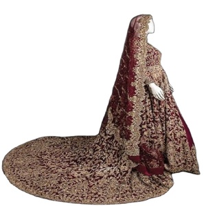 Vestido de Novia Clásico Vintage de Manga Larga con Cuello Alto, Bordado, Estilo Princesa, Largo hasta el Suelo, con Cola Catedral, Bordado a Mano en Rojo y Dorado - Product Image 1