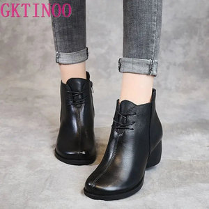 Botines de Piel Genuina para Mujer, Tacón Grueso de 5 cm, Punta Puntiaguda, Sin Cordones, con Cordones, Cómodos y Transpirables para Invierno, Otoño y Verano - Product Image 2