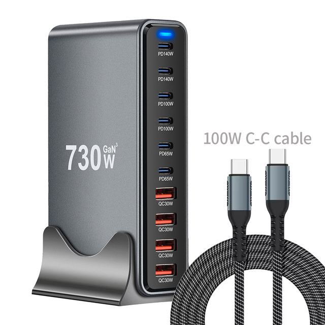 730W USB C Charger ,10-Port GaN PD Multiport USB C Charging Station Desktop Wall Laptop Charger for iPhone 16,with 100W Cable