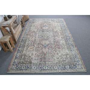 Alfombra Turca Vintage Grande de 5.2x8.6 pies, Alfombra de Lana Azul con Diseño de Patchwork - Product Image 1