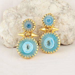 Pendientes al por Mayor de Piedra Natural, Cuarzo Solar Azul Cielo, Pendientes de Botón, Chapados en Oro de 18k, Joyería de Latón de Lujo para Mujer - Product Image 2