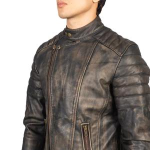 Veste en cuir vieilli noir vintage pour hommes, coupe ajustée, style motard matelassé avec poches zippées et finition rétro, commandes OEM - Product Image 1