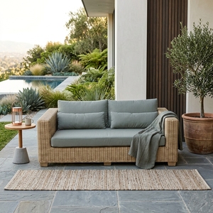Natural Woven <b>Rattan</b> Outdoor 2 Seater <b>Sofa</b> Grey Cushion Wide Track Arm Loveseat Patio Setup Decor Pure Art Room Design - Product Image 5