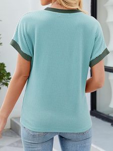 Camiseta básica de manga corta con cuello redondo y bloque de Color para mujer, 100% algodón, antibolitas, ecológica, lisa, teñida, a rayas, transpirable - Product Image 5