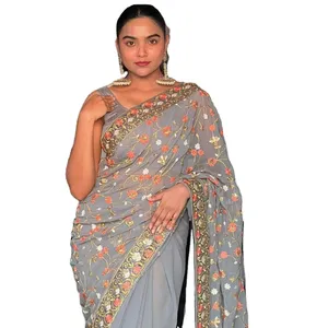 2024 pakaian etnik India Georgette sutra Saree dengan blus sutra potongan dalam tingkat grosir