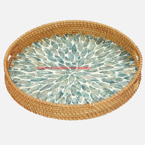 Plateau de service en incrustation de nacre en rotin de qualité supérieure avec Design floral d'automne organisateur de table décoratif élégant pour la maison - Product Image 5