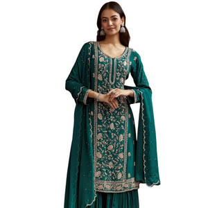 Vente en gros de paillettes élégantes vert sarcelle Cutdana Kurta Sharara avec Dupatta Parfait pour la réception festive de mariage et ethnique - Product Image 3