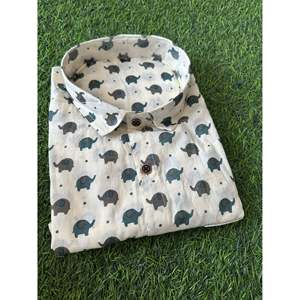 Men's Casual <b>Half</b> Sleeve Elephant Print Cotton <b>Shirt</b> for Cream and Blue Floral Design Poplin Fabric Breathable Sizes 3XL 6XL - Product Image 1