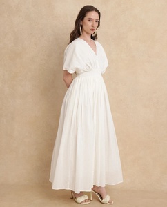 ชุดเดรสผ้าเรยอนสีขาวสำหรับผู้หญิงยาวถึงข้อเท้าพร้อมแขนครึ่งท่อนลำลองสไตล์วันหยุดฤดูร้อนย้อมสีพื้นเรียบ - Product Image 6