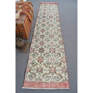 Turkish 2.5x9.8 ft Rug, Vintage <b>Runner</b> Rug, <b>Red</b> Floral Rug - Product Image 1