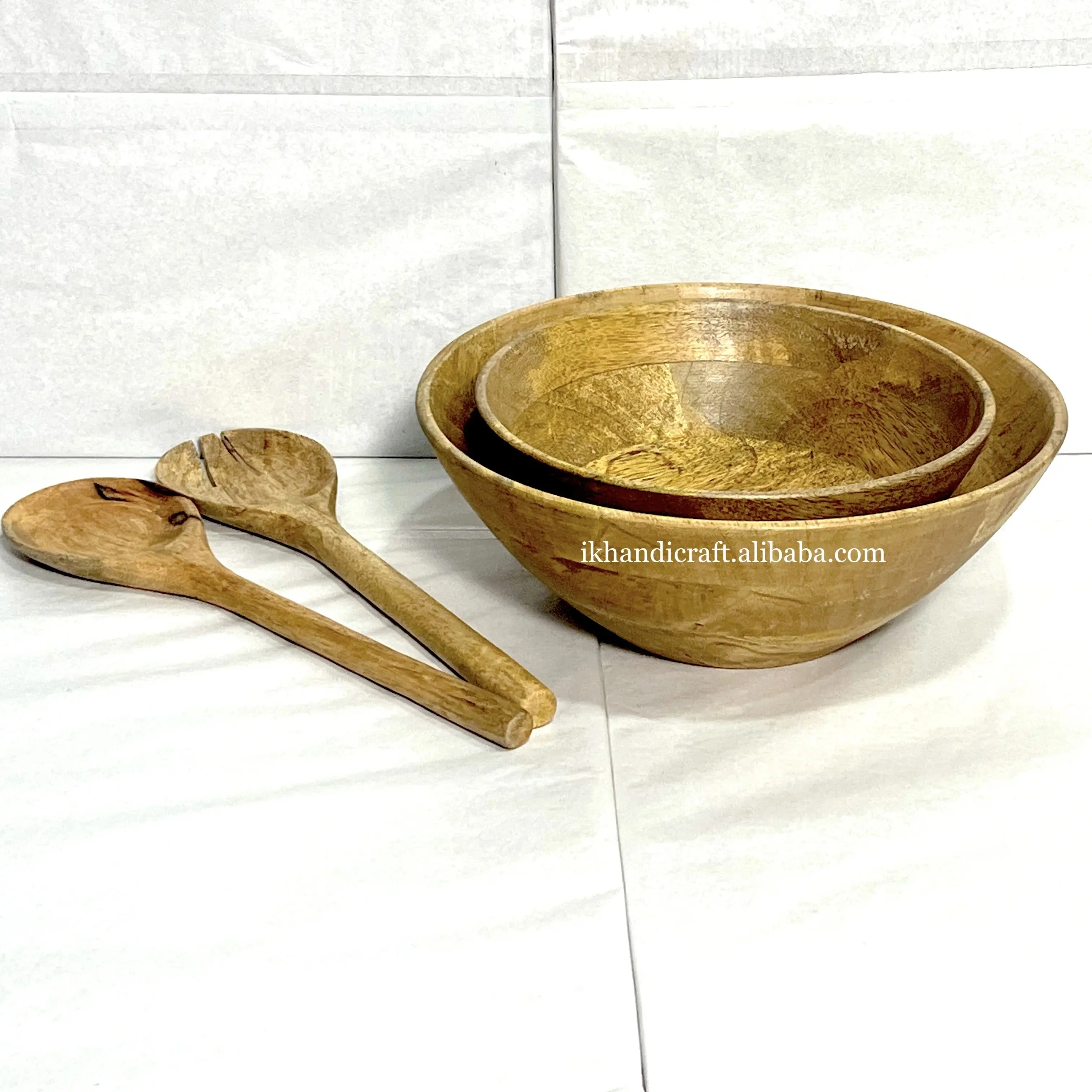 India Famous Mango Wood Handmade Sustainable Round Shape Salad Soup Ramen Fruit Serving Bowl With Server Direct from Factory