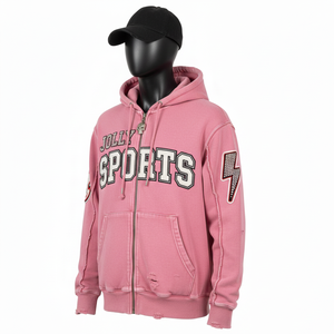 Sudadera con Capucha Premium de Felpa Rosa con Paneles de Logotipo Deportivo Personalizado Bordado, Estilo Desgastado, Cómoda y Básica - Product Image 2