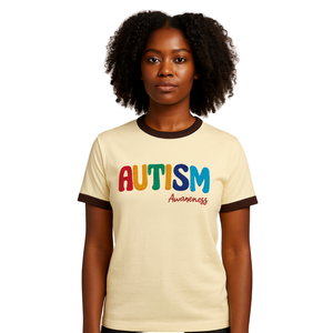 Concienciación sobre el autismo Chenille bordado Neutral Ringer camiseta Unisex 100 algodón Jersey soporte autismo rompecabezas diseño - Product Image 1
