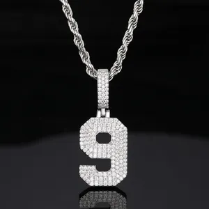 925 in argento Sterling numero di diamanti ciondolo iniziali portafortuna 0-9 collane con Moissanite da uomo Hip Hop ciondolo catena gioielli