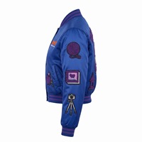 Blouson bomber court en satin pour femme, bleu roi, avec patchs en chenille violet, doublure par sublimation, logo personnalisé, OEM, streetwear