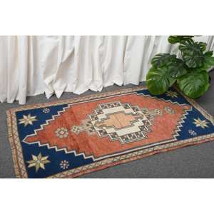 Alfombra de lana turca hecha a mano Vintage de 2x3,9 pies, clásica, área grande, rectangular, rojo, azul, Patchwork, patrón de pasillo abstracto, látex - Product Image 3