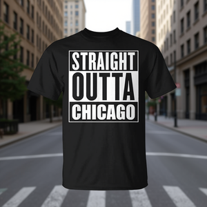 T-shirt Straight Outta Chicago unisex in cotone nero, maglietta promozionale - Product Image 3
