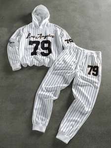 Ensemble sweat-shirt et pantalon de survêtement unisexe Campus Court, taille plus, imprimé rayé avec numéro, streetwear d'hiver, logo personnalisé - Product Image 6