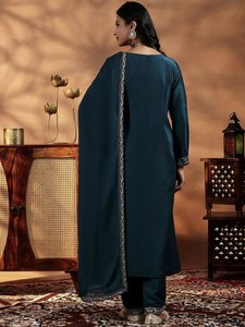 NOUVEAUTÉ : Ensemble Salwar Kameez (Haut, Pantalon et Dupatta) Vert Bouteille pour Fêtes et Mariages – Style Décontracté Réversible - Product Image 4