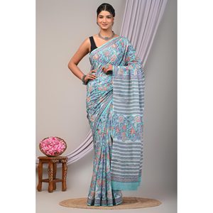 Sari de algodón 100% con estampado de bloques y escote sin tirantes - Product Image 1