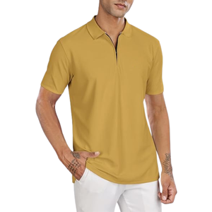 Polo homme jaune moutarde avec fermeture éclair, haut en coton à manches courtes élégant, décontracté, tendance, vêtement d'été confortable - Product Image 1