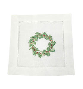 Broderie vert couronne houx noël Cocktail serviettes 6x6 'blanc coton ourlet boisson serviette pour mariages maison hôtel - Product Image 6