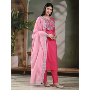 Women's Solid Embroidered Cotton Kurta Set with Chiffon <b>Pyjama</b> & Dupatta - Product Image 6