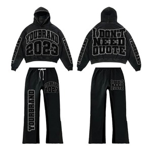 2024 nouveautés à la mode Streetwear acide lavé survêtements fermeture éclair sweats à capuche survêtement ensemble détresse Patch pantalons de survêtement évasés - Product Image 1