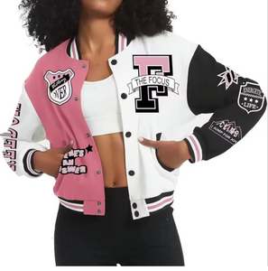 Veste courte universitaire de baseball avec broderie d'appliques à manches longues pour femmes OEM, vente en gros de letterman de dernière conception personnalisée et solide - Product Image 3