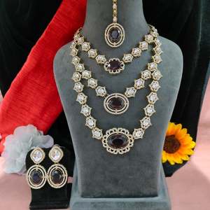 Three Layered Kundan Necklace <b>Set</b> With Maang Tikka For Women Perfect For Wedding, Parties Luxury Appeal Comfortable To Wear - Product Image 5