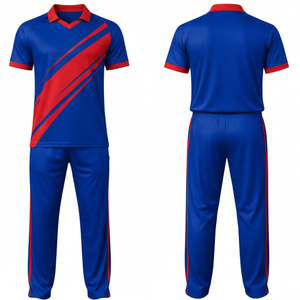 Uniforme de Cricket Azul al por Mayor para Hombre, Jersey y Pantalón de Cricket Sublimados Transpirables con Rayas Diagonales Rojas, Conjunto Profesional - Product Image 3