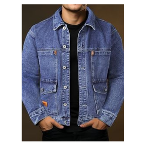 Veste en jean d'hiver décontractée pour hommes de style vintage avec couleur unie, vêtements d'extérieur en coton à coupe ample, coupe ajustée, design à simple boutonnage - Product Image 2