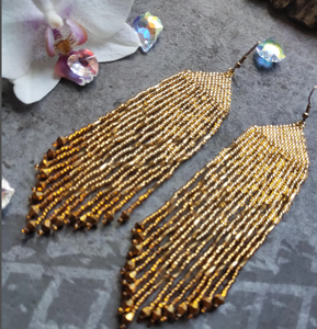 Pendientes de cuentas de oro, pendientes largos de ombre de oro, pendientes de flecos con cuentas - Product Image 3