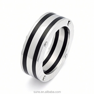 Anillo de Acero Inoxidable de Alta Calidad con Esmalte Negro a Rayas, Estilo Industrial <span class=keywords><strong>Punk</strong></span> para Hombre con Remaches, Joyería de Moda - Product Image 1