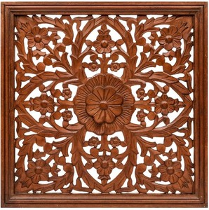 Panneau mural en bois de manguier massif sculpté à la main, art mural décoratif en bois carré - Product Image 1