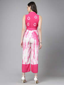 สีชมพูและสีขาวมัดย้อม Culotte Jumpsuits เสื้อคอแขนกุดเอว Tie-ups ตะขอปิดเทศกาลผลิตภัณฑ์จํานวนมากชุดทําด้วยมือ - Product Image 4