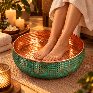 Bol à pédicure artisanal en cuivre NJ avec finition martelée patinée argentée, double paroi, drainage sans tuyau pour salon de manucure ou usage domestique - Product Image 4